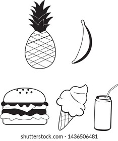 Food Drinks sketch fast food vector black white ananas banana burger ice cream 
