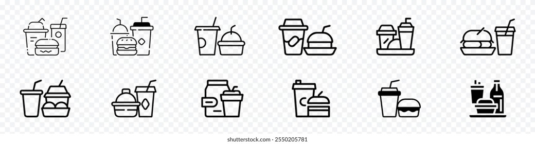 Icono de comida y bebidas para llevar, Icono de Vector de comida rápida, Hamburguesa y taza de refresco, Icono de comida rápida, Iconos de almuerzo, Iconos de comida chatarra