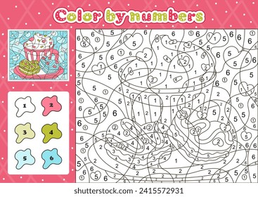 Food and drinks themed coloring page by number for kids with cute mug with latte and macarons, printable educational worksheet in cartoon style 