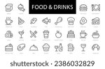 Food and Drinks thin line icons set. Food editable stroke icon. Meat, Fish, Pizza, Fast Food, Coffee, Restaurant, Eatery, Fish, Cake, Healthy food, Bread, Tea icon. Vector illustration