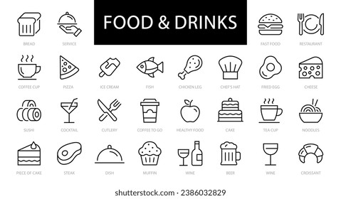 Food and Drinks thin line icons set. Food editable stroke icon. Meat, Fish, Pizza, Fast Food, Coffee, Restaurant, Eatery, Fish, Cake, Healthy food, Bread, Tea icon. Vector illustration