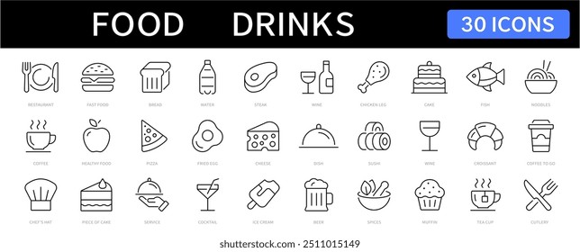 Food and Drinks thin line icons set. Food editable stroke icon. Meat, Fish, Pizza, Fast Food, Coffee, Restaurant, Eatery, Fish, Cake, Healthy food, Bread, Tea icon. Vector illustration