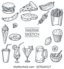 Food and drinks vector hand drawn sketch set. Hand drawn fast food, drinks, desserts, snacks. Doodle illustration of summer menu. Decoration elements for restaurant,cafe,menu,bar. Eps 10