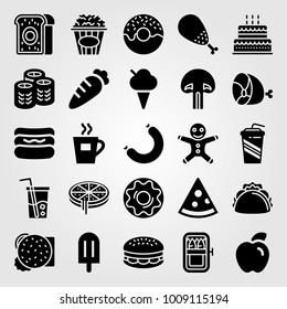 Food And Drinks vector icon set. burger, cake, sishi and popcorn