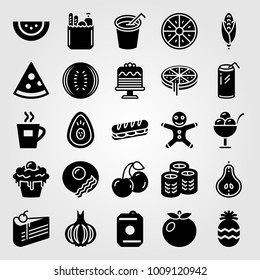 Food And Drinks vector icon set. breakfast, pizza, garlic and drink