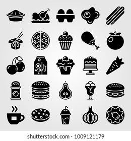 Food And Drinks vector icon set. pizza, coffee cup, cupcake and cherries