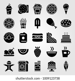 Food And Drinks vector icon set. birthday cake, meat pie, french fries and soft drink