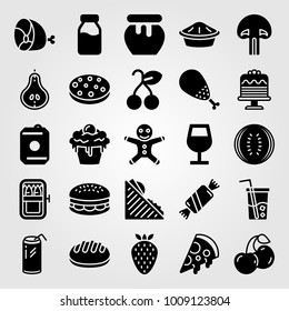 Food And Drinks vector icon set. cake, watermelon, ham and soft drink