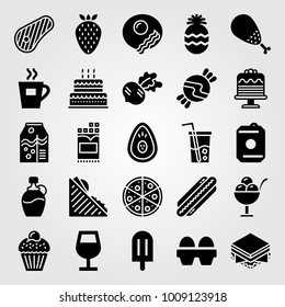 Food And Drinks vector icon set. birthday cake, coffee cup, juice and chicken leg