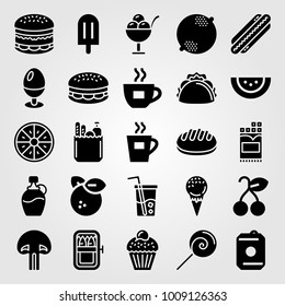 Food And Drinks vector icon set. orange, mushroom, hot dog and cherry