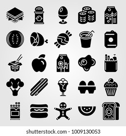 Food And Drinks vector icon set. hot dog, broccoli, drink and eggs