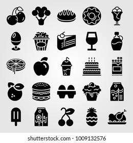 Food And Drinks vector icon set. chocolate, pizza, eggs and popcorn