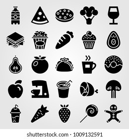 Food And Drinks vector icon set. tea, tomato, meat and lollipop