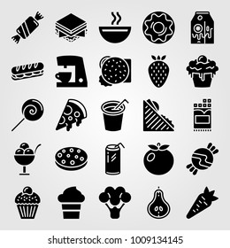 Food And Drinks vector icon set. banana milk, strawberry, chocolate and soda