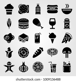 Food And Drinks vector icon set. soup, garlic, chicken leg and can