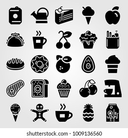 Food And Drinks vector icon set. groceries, steak, meat pie and orange