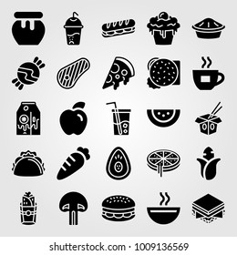 Food And Drinks vector icon set. cupcake, drink, taco and noodles