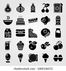 Food And Drinks vector icon set. pear, birthday cake, soup and can