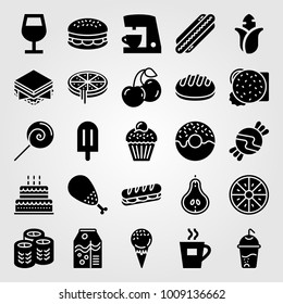 Food And Drinks vector icon set. cherries, candy, coffee maker and ice cream