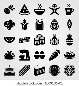 Food And Drinks vector icon set. coffee maker, avocado, piece of cake and carrot