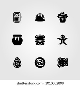Food And Drinks vector icon set. honey, cupcake, sardines and taco