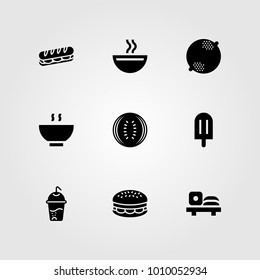 Food And Drinks vector icon set. ice cream, soup, watermelon and burger