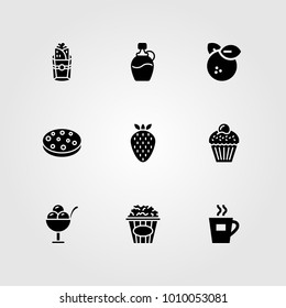 Food And Drinks vector icon set. strawberry, tea, syrup and ice cream