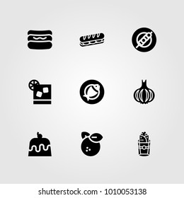 Food And Drinks vector icon set. garlic, fish, skewer and hot dog