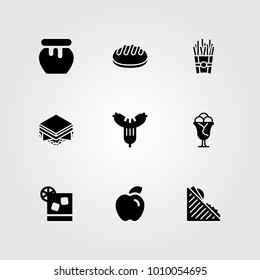Food And Drinks vector icon set. sausage, apple, french fries and ice cream