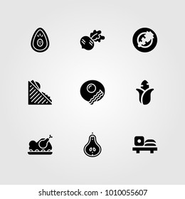Food And Drinks vector icon set. sushi, corn, roast chicken and pear
