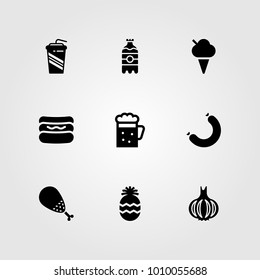Food And Drinks vector icon set. soft drink, beer, chicken leg and hot dog