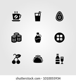 Food And Drinks vector icon set. coffee, coffee cup, sushi and juice