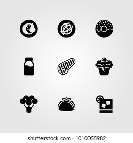 Food And Drinks vector icon set. milk bottle, broccoli, doughnut and fruits