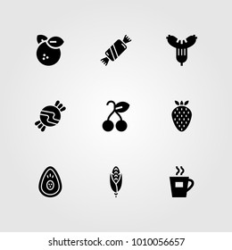 Food And Drinks vector icon set. orange, coffee cup, strawberry and corn