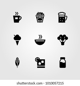 Food And Drinks vector icon set. corn, coffee cup, cocktail and popcorn