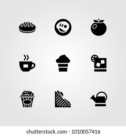 Food And Drinks vector icon set. watering can, bread, ice cream and can