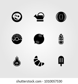 Food And Drinks vector icon set. burito, croissant, doughnut and watering can