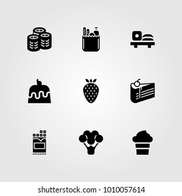 Food And Drinks vector icon set. strawberry, groceries, piece of cake and broccoli