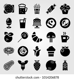 Food And Drinks vector icon set. steak, tea, ice cream and lollipop