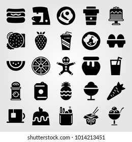 Food And Drinks vector icon set. noodles, vegetables, soft drink and orange