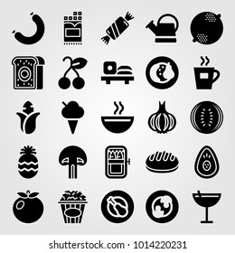 Food And Drinks vector icon set. sardines, mushroom, watermelon and cherry