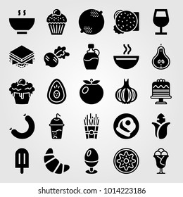 Food And Drinks vector icon set. soup, wine glass, corn and french fries