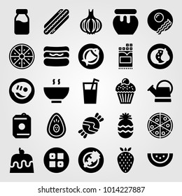 Food And Drinks vector icon set. orange, cake, soup and fish