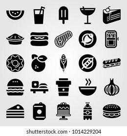Food And Drinks vector icon set. fish, soda, skewer and burger