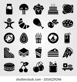 Food And Drinks vector icon set. chicken leg, cupcake, cookie and pie
