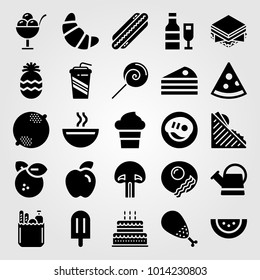 Food And Drinks vector icon set. soft drink, cake, sandwich and apple