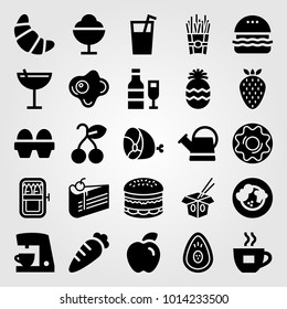 Food And Drinks vector icon set. croissant, wine, cake and carrot