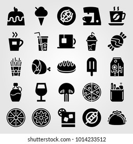 Food And Drinks vector icon set. lobster, kiwi fruit, coffee and soft drink