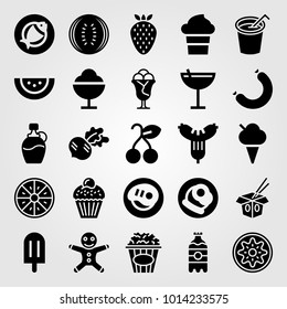 Food And Drinks vector icon set. popcorn, cupcake, breakfast and strawberry