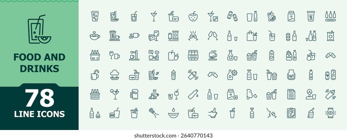 Food And Drinks vector icon set. Minimal icons set. Containing cook, fast, breakfast, beverage, food, drink. Pixel perfect. Editable vector. Cook icon set.